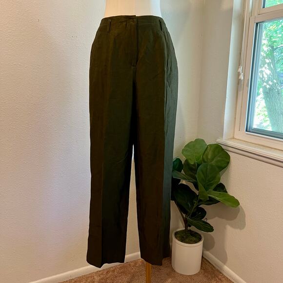 Kate Hill Dark Green Linen High Rise Relaxed Fit Trouser Pants Size 12 - Picture 13 of 13